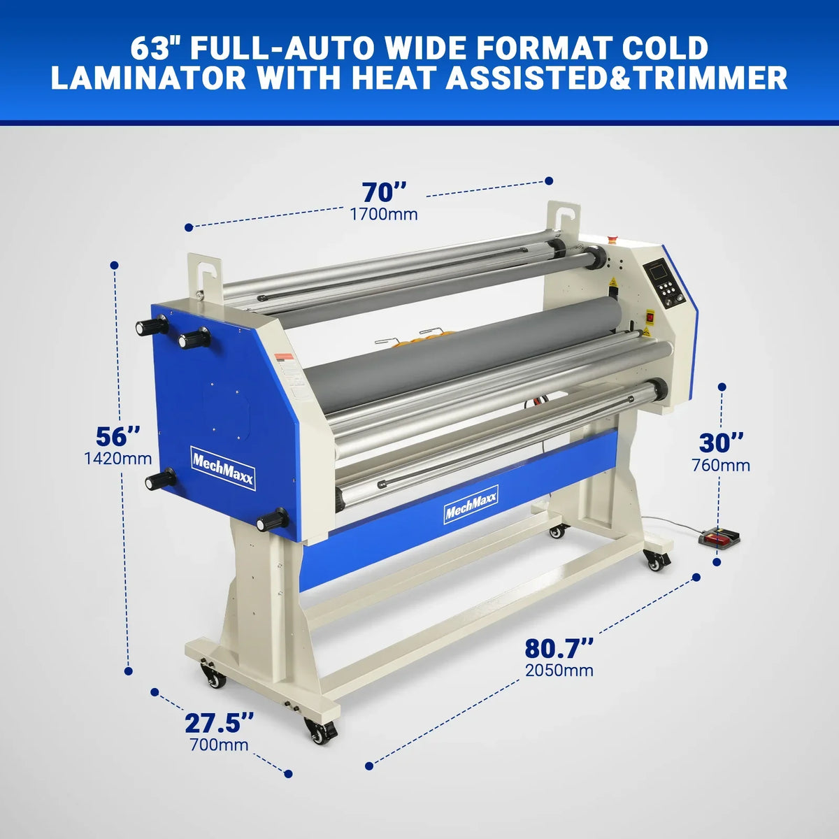 67" Wide Format Full - Auto Cold & Heat Assisted Pneumatic Laminator Machine (Model 1700 - A1) with 4 Trimmers, Max Speed 65.6 ft/min, 63" Max Width, 1.88" Max Thickness, Infrared Heating, Digital Control (Requires Air Compressor, Not Included)-1700-A1