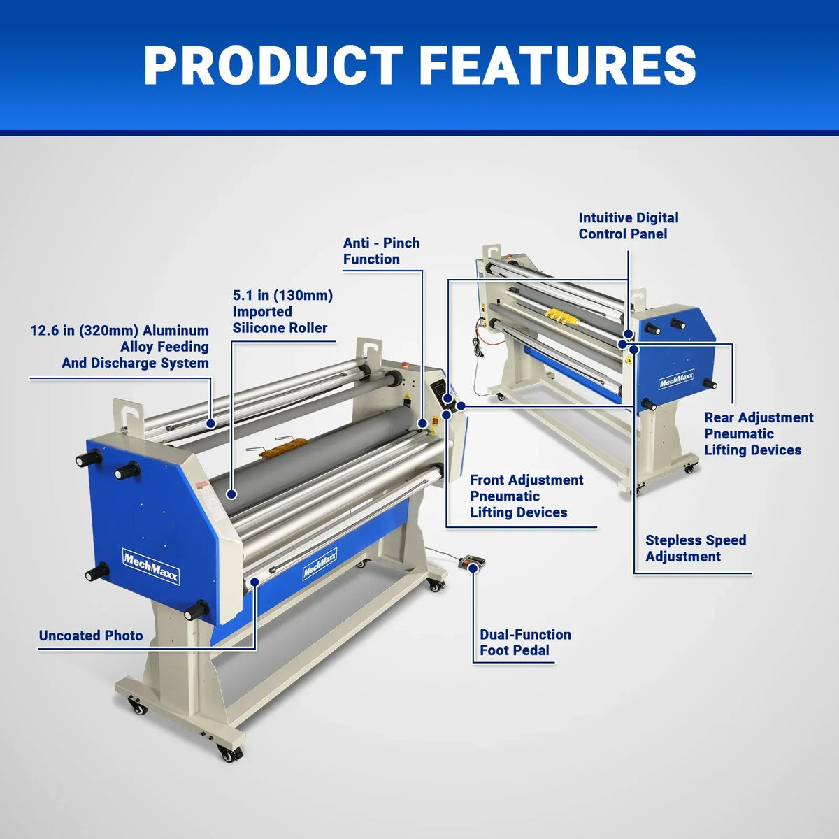 67" Wide Format Full - Auto Cold & Heat Assisted Pneumatic Laminator Machine (Model 1700 - A1) with 4 Trimmers, Max Speed 65.6 ft/min, 63" Max Width, 1.88" Max Thickness, Infrared Heating, Digital Control (Requires Air Compressor, Not Included)-1700-A1