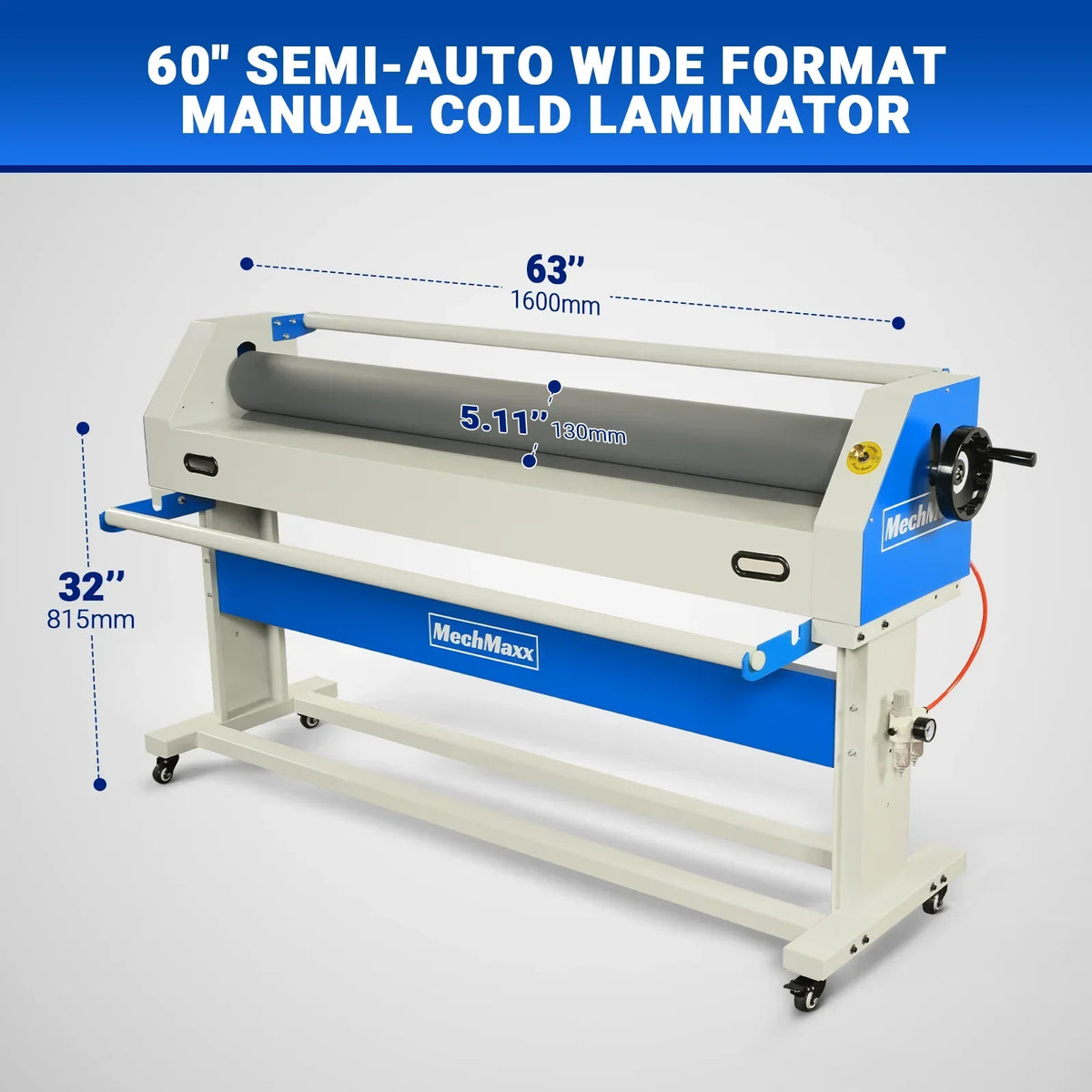 63" Wide Format Pneumatic Laminator Manual Cold Laminating Machine 60" Max Laminating Width,Pneumatic Roller Lift & Wear-Resistant Rubber Roller Portable Stand Included, 0.78" Max Thickness (Requires Air Compressor, Not Included) 1600-C1