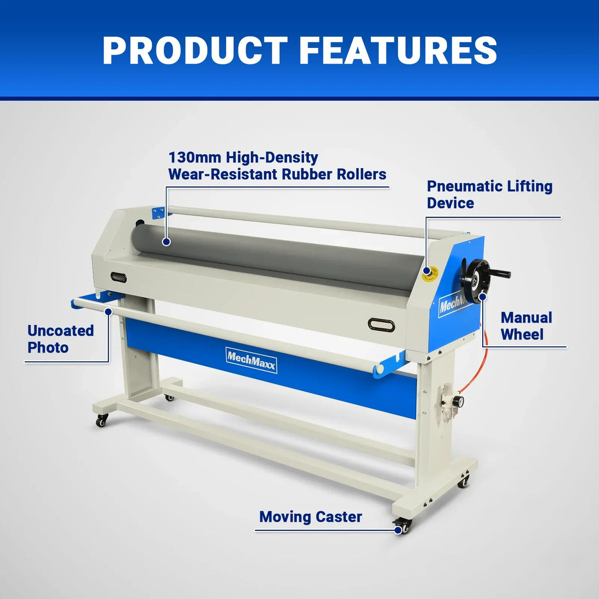 63" Wide Format Pneumatic Laminator Manual Cold Laminating Machine 60" Max Laminating Width,Pneumatic Roller Lift & Wear-Resistant Rubber Roller Portable Stand Included, 0.78" Max Thickness (Requires Air Compressor, Not Included) 1600-C1