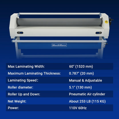 63" Wide Format Pneumatic Laminator Manual Cold Laminating Machine 60" Max Laminating Width,Pneumatic Roller Lift & Wear-Resistant Rubber Roller Portable Stand Included, 0.78" Max Thickness (Requires Air Compressor, Not Included) 1600-C1