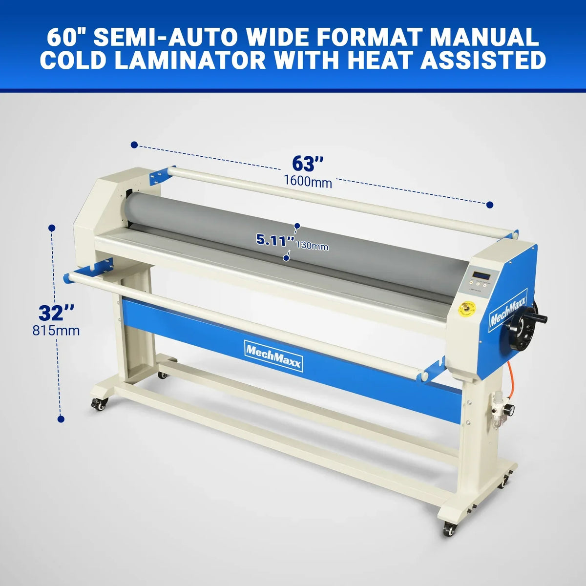 63" Wide Format Pneumatic Laminator Manual Cold Laminating Machine 60" Max Laminating Width,Pneumatic Roller Lift Portable Stand Included, 0.78" Max Thickness (Requires Air Compressor, Not Included) 1600-C2