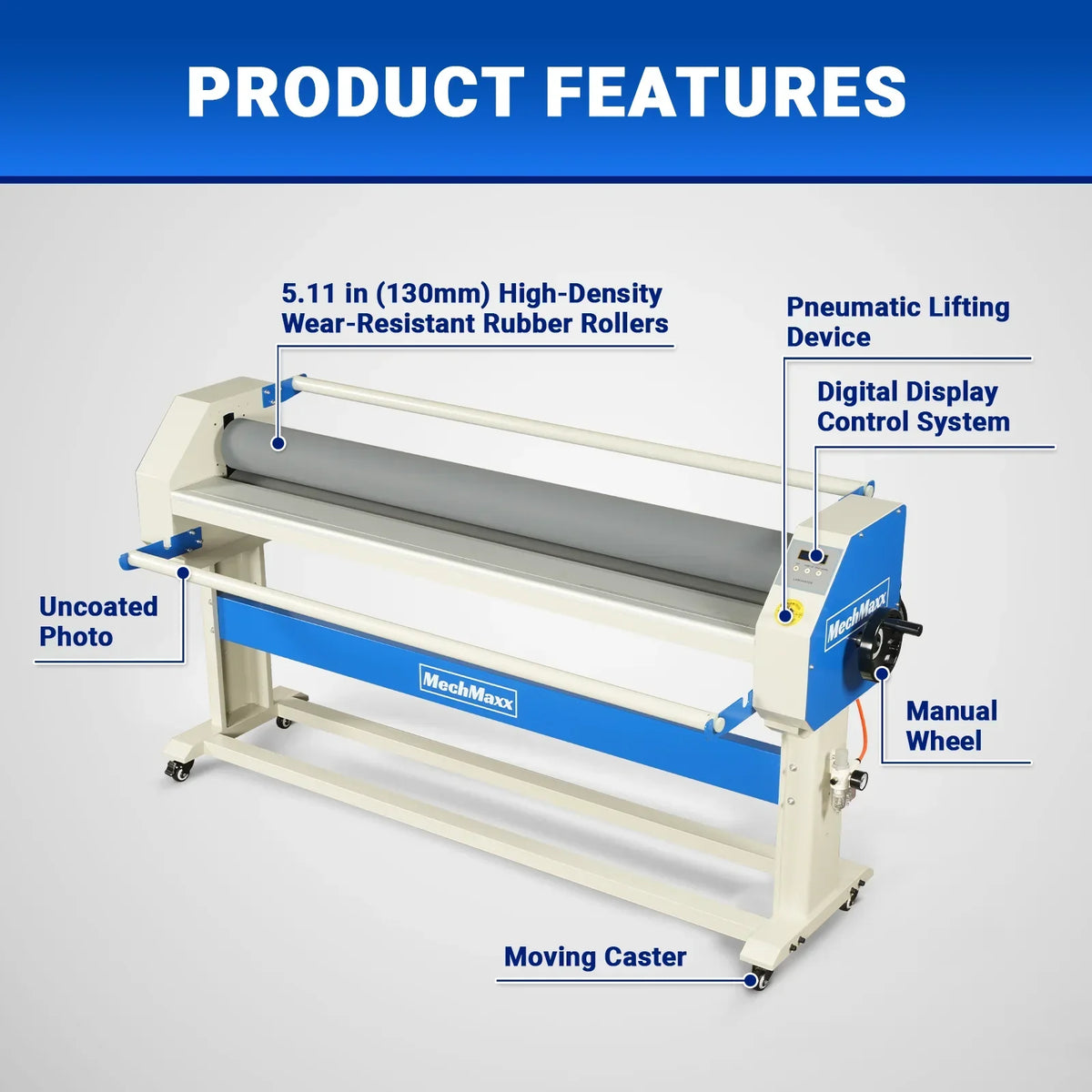 63" Wide Format Pneumatic Laminator Manual Cold Laminating Machine 60" Max Laminating Width,Pneumatic Roller Lift Portable Stand Included, 0.78" Max Thickness (Requires Air Compressor, Not Included) 1600-C2