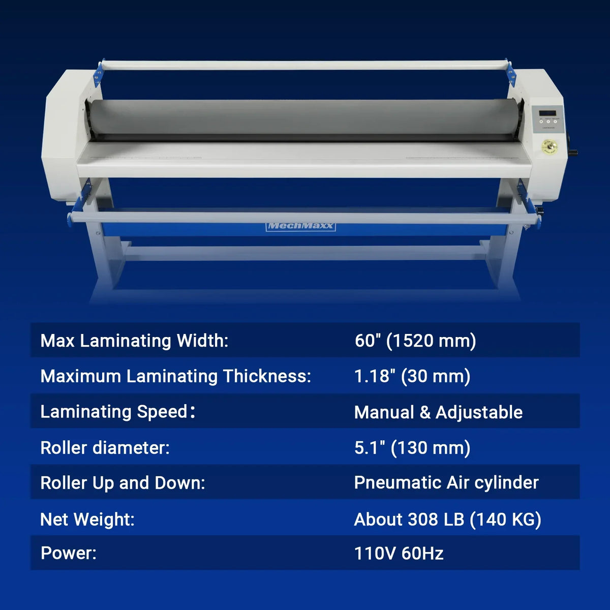 63" Wide Format Pneumatic Laminator Manual Cold Laminating Machine 60" Max Laminating Width,Pneumatic Roller Lift Portable Stand Included, 0.78" Max Thickness (Requires Air Compressor, Not Included) 1600-C2