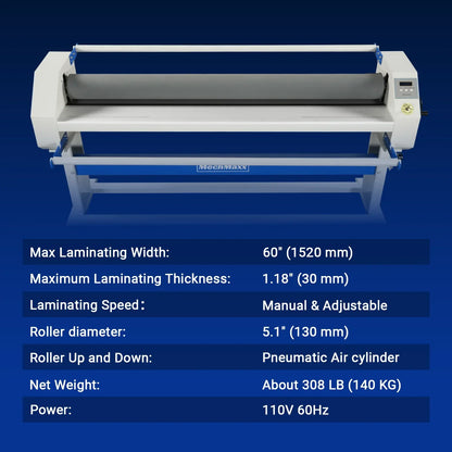 63" Wide Format Pneumatic Laminator Manual Cold Laminating Machine 60" Max Laminating Width,Pneumatic Roller Lift Portable Stand Included, 0.78" Max Thickness (Requires Air Compressor, Not Included) 1600-C2