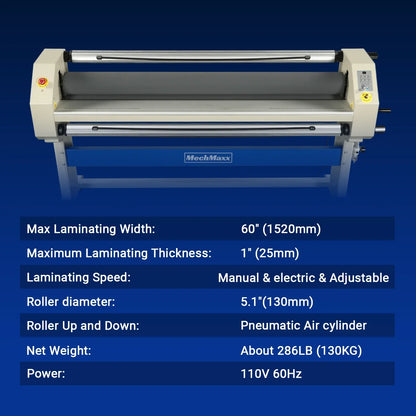63" Wide Format Pneumatic Laminator Manual Cold Laminating Machine 60" Max Laminating Width,Pneumatic Roller Lift Portable Stand Included, 0.78" Max Thickness (Requires Air Compressor, Not Included) 1600-C3Pro