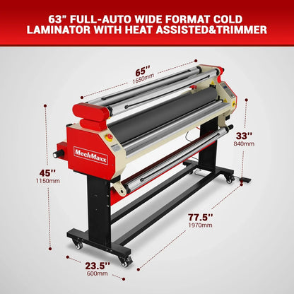 65" Wide Format Full-Auto Cold & Heat Assisted Pneumatic Laminator Machine with 4 Trimmers, Max Speed 40ft/min, 63" Max Width, Infrared Heating, Digital Control Pneumatic Roller Lifting (Requires Air Compressor, Not Included) 1700-B1RED