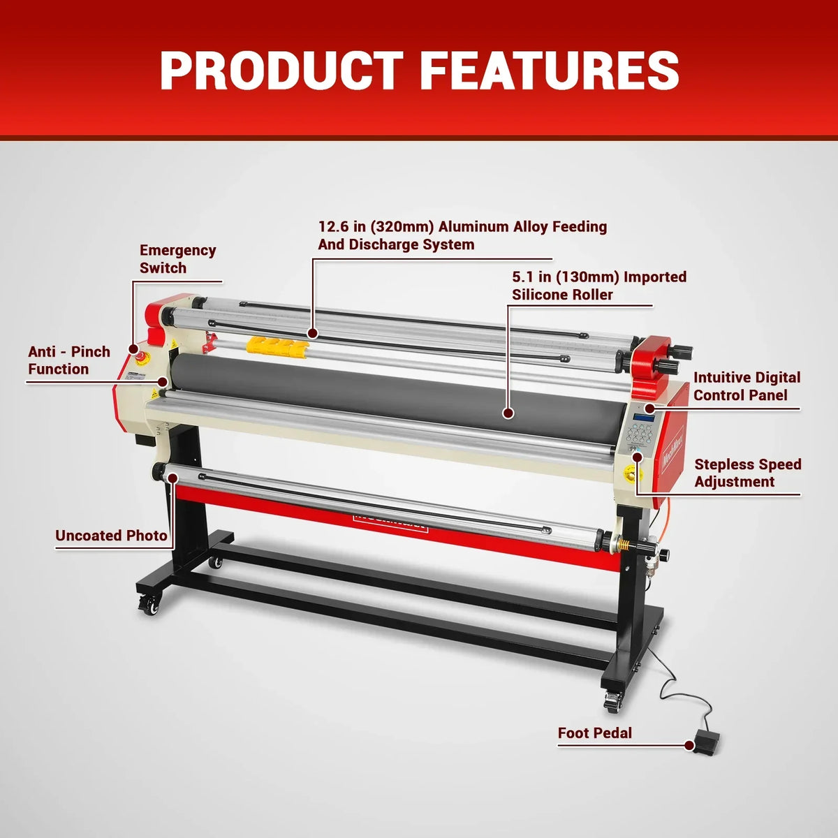 65" Wide Format Full-Auto Cold & Heat Assisted Pneumatic Laminator Machine with 4 Trimmers, Max Speed 40ft/min, 63" Max Width, Infrared Heating, Digital Control Pneumatic Roller Lifting (Requires Air Compressor, Not Included) 1700-B1RED