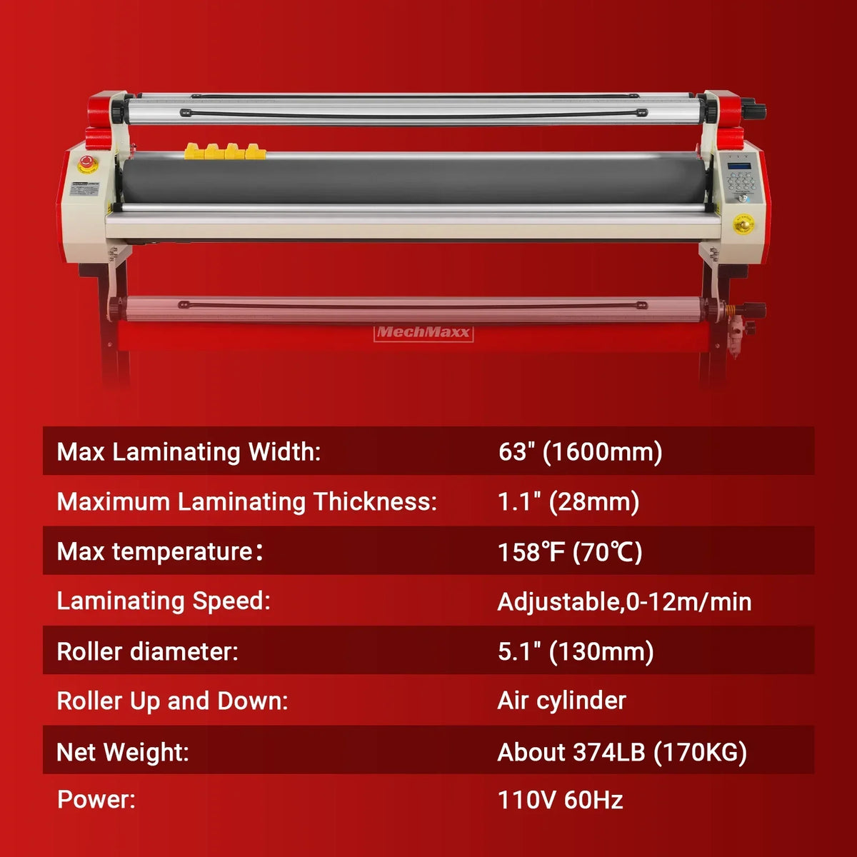 65" Wide Format Full-Auto Cold & Heat Assisted Pneumatic Laminator Machine with 4 Trimmers, Max Speed 40ft/min, 63" Max Width, Infrared Heating, Digital Control Pneumatic Roller Lifting (Requires Air Compressor, Not Included) 1700-B1RED