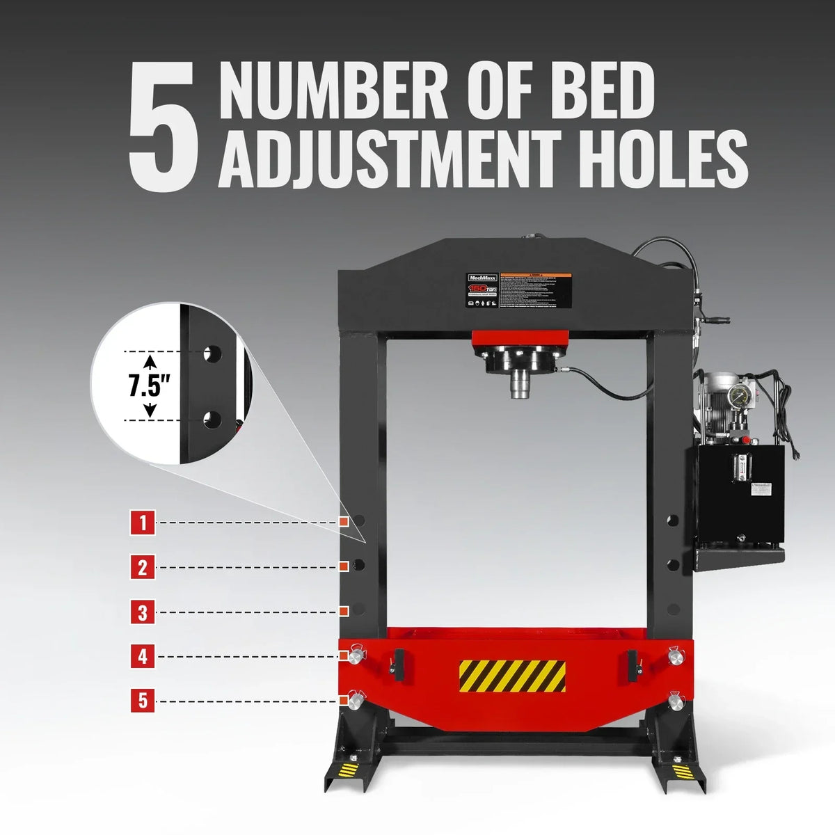 150 Ton H-Frame Electric Hydraulic Shop Press with Double-Acting Cylinder & Chain-Driven Table Lift,  110V Motor,  Fully Welded Steel Frame,  Safety Guard,  HSP150E
