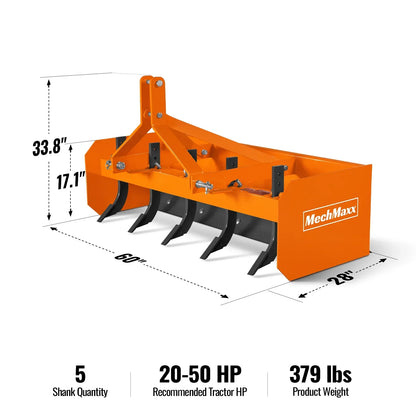 60" Box Blade Scraper with 5 Shanks 3 Point Hitch Tractor Attachment,  BB60