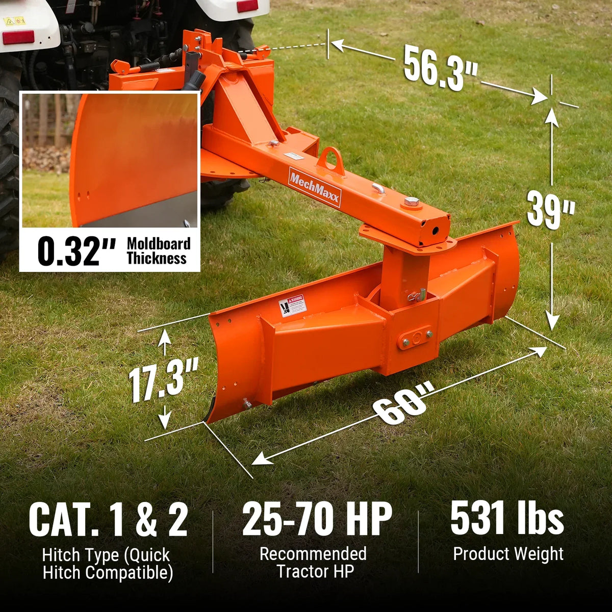 60" Heavy Duty 6-Way Rear Blade 3 Point Hitch Tractor Attachment,  RB60SE