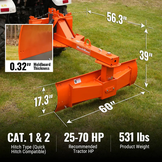 60" Heavy Duty 6-Way Rear Blade 3 Point Hitch Tractor Attachment,  RB60SE