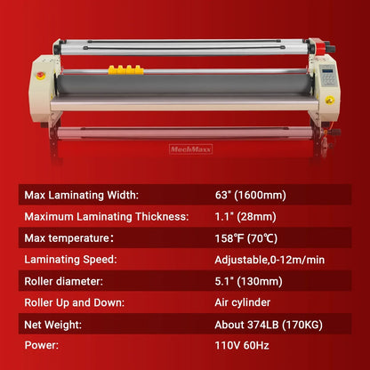 65" Wide Format Full-Auto Cold & Heat Assisted Pneumatic Laminator Machine with 4 Trimmers, Max Speed 40ft/min, 63" Max Width, Infrared Heating, Digital Control Pneumatic Roller Lifting (Requires Air Compressor, Not Included) 1700-B2RED