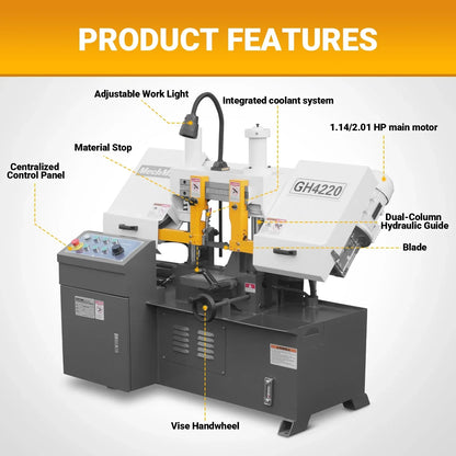 8 Inch 7-7/8" x 7-7/8" Capacity Double Column Horizontal Metal Cutting Band Saw, Vertical Lifting, Gearbox Driven Two-Speed Motor, Hydraulic Feed, Manual Clamping, Coolant System Industrial Bandsaw GH4220
