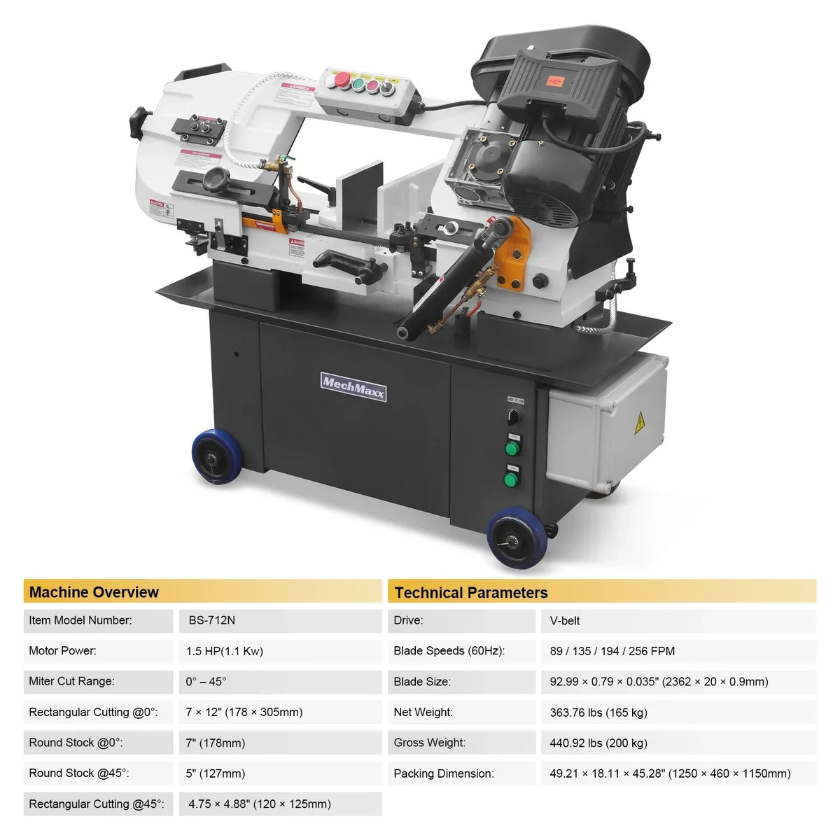 7" x 12" Metal Band Saw, 1.5 HP 115V/230V Dual Voltage 4-Speed Horizontal Vertical Bandsaw with Hydraulic Downfeed, Coolant System & Adjustable Angle Cutting for Steel, Aluminum, Pipe & Structural Metal BS-712N