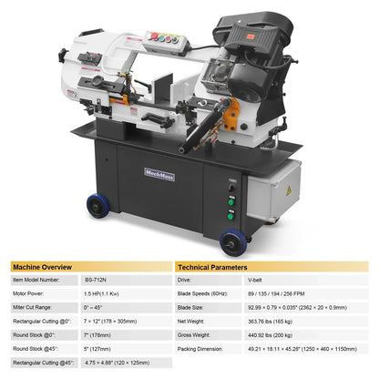 7" x 12" Metal Band Saw, 1.5 HP 115V/230V Dual Voltage 4-Speed Horizontal Vertical Bandsaw with Hydraulic Downfeed, Coolant System & Adjustable Angle Cutting for Steel, Aluminum, Pipe & Structural Metal BS-712N