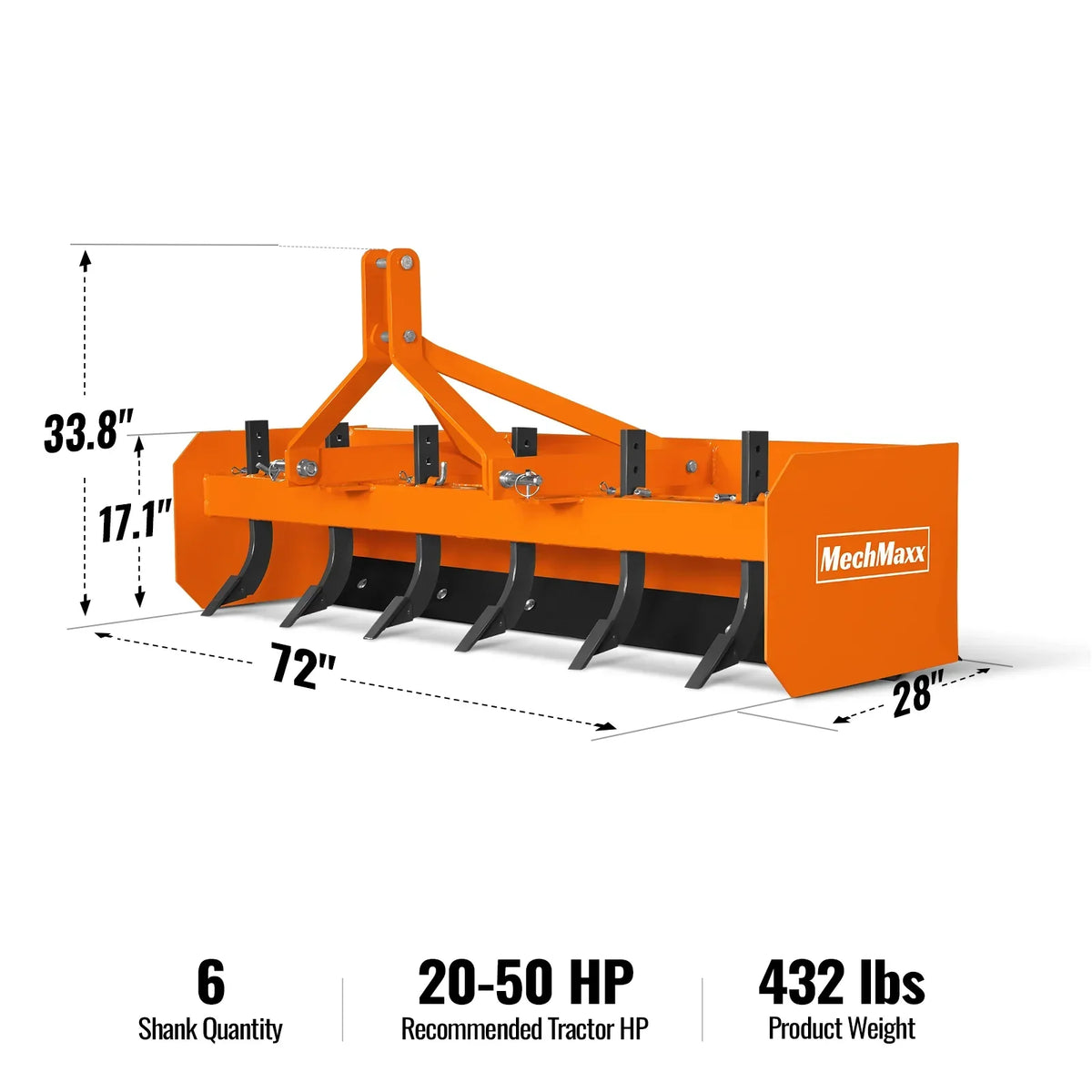 72" Box Blade Scraper with 6 Shanks 3 Point Hitch Tractor Attachment,  BB72