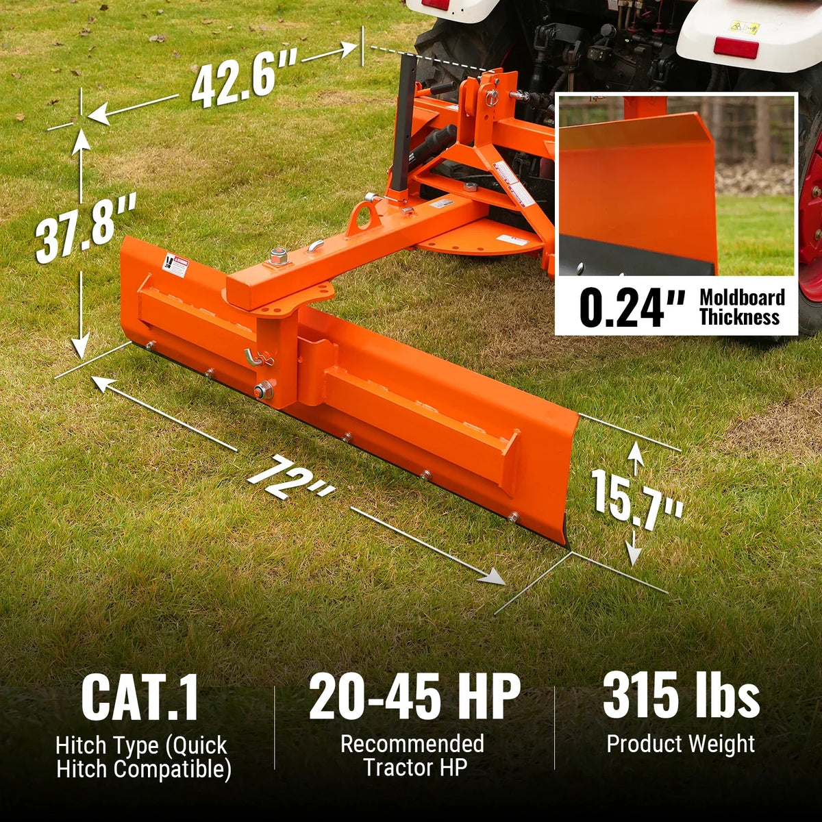 72" 6-Way Rear Blade 3 Point Hitch Tractor Attachment,  RB72S