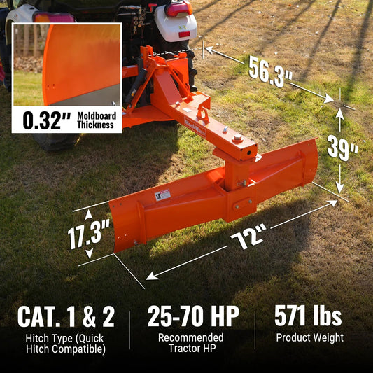 72" Heavy Duty 6-Way Rear Blade 3 Point Hitch Tractor Attachment,  RB72SE