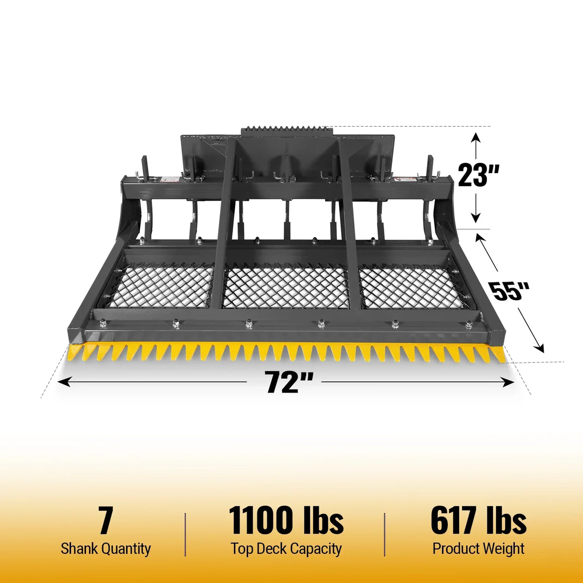 72" Skid Steer Land Plane with 7 Adjustable Scarifier Shanks, Removable Sift Screen and Bolt-On Cutting Blades, SSLP72