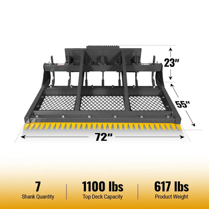 72" Skid Steer Land Plane with 7 Adjustable Scarifier Shanks, Removable Sift Screen and Bolt-On Cutting Blades, SSLP72