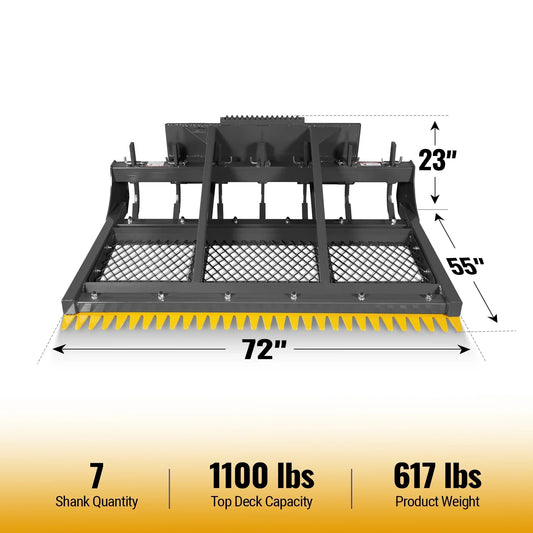72" Skid Steer Land Plane with 7 Adjustable Scarifier Shanks, Removable Sift Screen and Bolt-On Cutting Blades, SSLP72