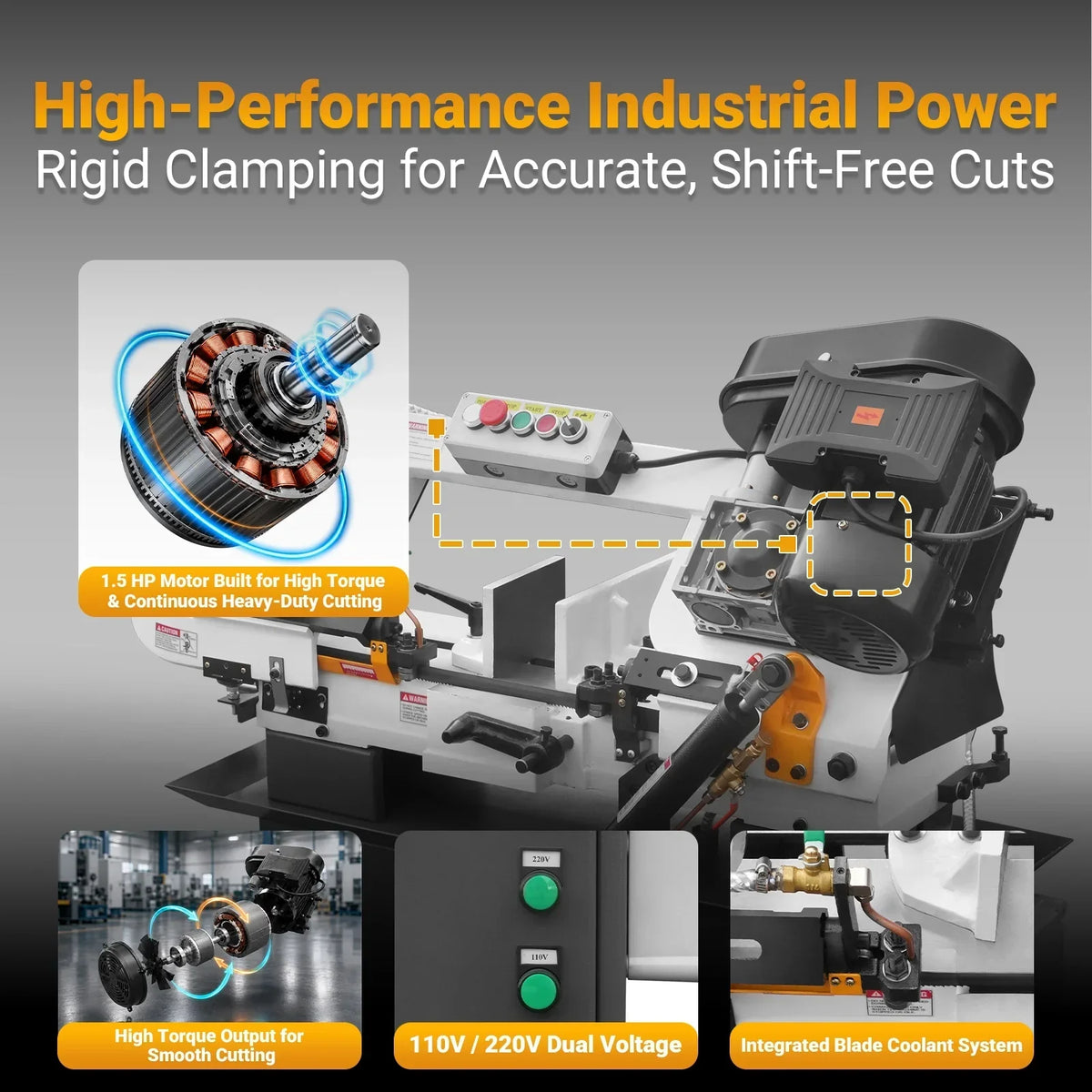 7" x 12" Metal Band Saw, 1.5 HP 115V/230V Dual Voltage 4-Speed Horizontal Vertical Bandsaw with Hydraulic Downfeed, Coolant System & Adjustable Angle Cutting for Steel, Aluminum, Pipe & Structural Metal BS-712N