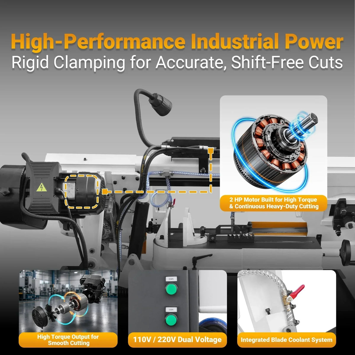 MechMaxx Metal Cutting Band Saw 10 Inch Horizontal Bandsaw 2HP 220V 60Hz 1PH 0‑45° Mitering Hydraulic Down Feed Built‑in Coolant System for Steel Aluminum Alloy Metal Fabrication BS-1018R