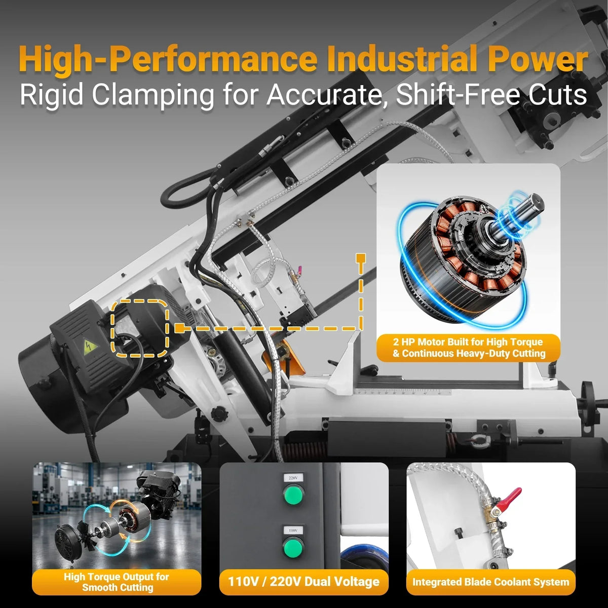Metal Cutting Band Saw, 10" Round / 18"x5" Rectangular Capacity, 2HP 1.5kW Motor, 4-Speed (35-114 MPM), Horizontal Bandsaw with 0-45° Swivel, Hydraulic Downfeed, 230V 1PH 60Hz, Industrial Grade for Steel, Aluminum & Alloys BS-1018B