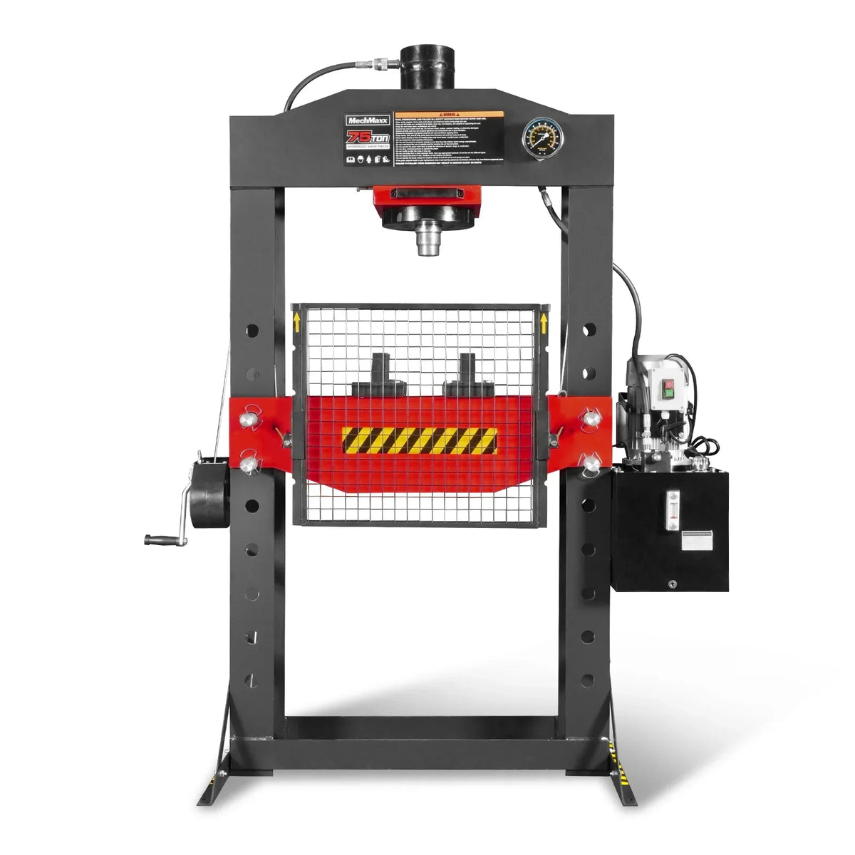 75 Ton H-Frame Electric Hydraulic Shop Press with Hand Winch, 110V Motor, Fully Welded Steel Frame, Safety Guard, HSP75E