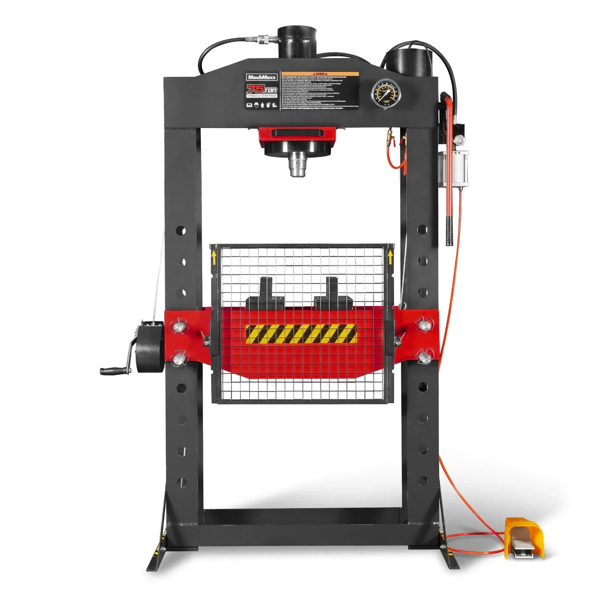 75 Ton H-Frame Air/Hydraulic Shop Press with Hand Winch,  Fully Welded Steel Frame,  Safety Guard,  Foot Pedal Control,  HSP75