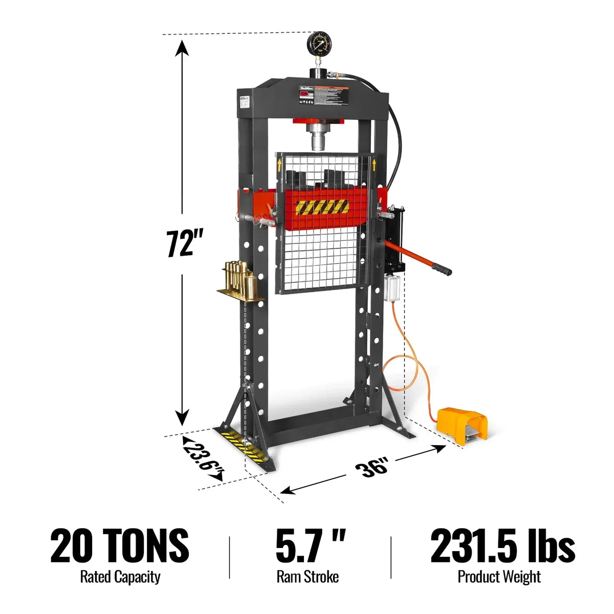 20 Ton H-Frame Air/Hydraulic Shop Press with Press Pin Kit, Fully Welded Steel Frame, Safety Guard, Foot Pedal Control, HSP20