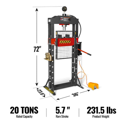 20 Ton H-Frame Air/Hydraulic Shop Press with Press Pin Kit, Fully Welded Steel Frame, Safety Guard, Foot Pedal Control, HSP20