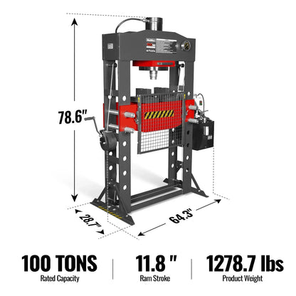 100 Ton H-Frame Electric Hydraulic Shop Press with Hand Winch, 110V Motor, Fully Welded Steel Frame, Safety Guard, HSP100E