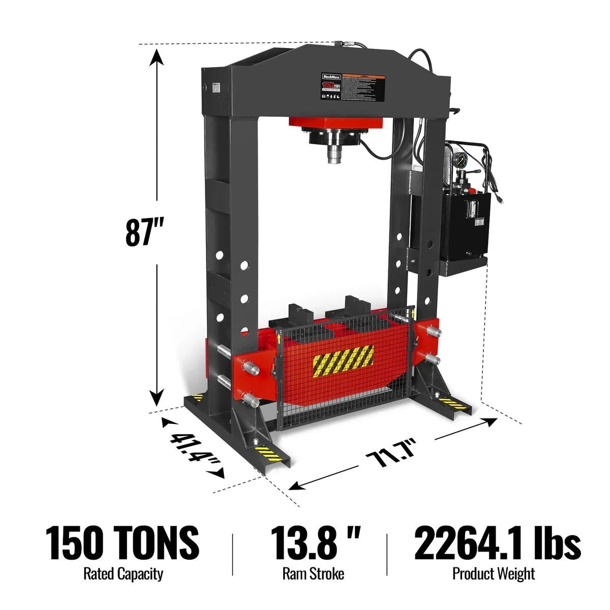 150 Ton H-Frame Electric Hydraulic Shop Press with Double-Acting Cylinder & Chain-Driven Table Lift,  110V Motor,  Fully Welded Steel Frame,  Safety Guard,  HSP150E