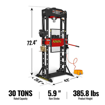 30 Ton H-Frame Air/Hydraulic Shop Press with Hand Winch & Press Pin Kit,  Fully Welded Steel Frame,  Safety Guard,  Foot Pedal Control,  HSP30