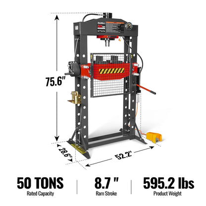 50 Ton H-Frame Air/Hydraulic Shop Press with Hand Winch & Press Pin Kit,  Fully Welded Steel Frame,  Safety Guard,  Foot Pedal Control,  HSP50