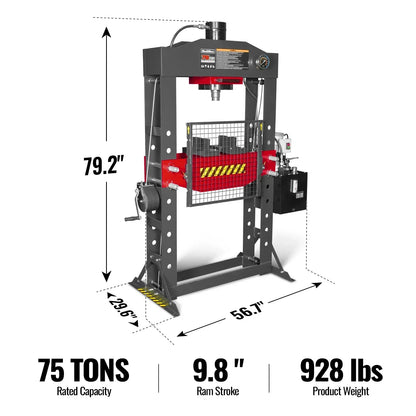 75 Ton H-Frame Electric Hydraulic Shop Press with Hand Winch, 110V Motor, Fully Welded Steel Frame, Safety Guard, HSP75E