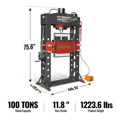 100 Ton H-Frame Air/Hydraulic Shop Press with Hand Winch,  Fully Welded Steel Frame,  Safety Guard,  Foot Pedal Control,  HSP100