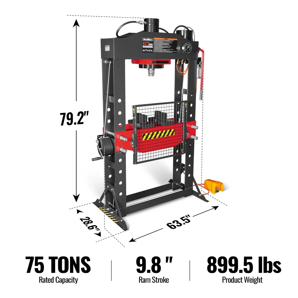 75 Ton H-Frame Air/Hydraulic Shop Press with Hand Winch,  Fully Welded Steel Frame,  Safety Guard,  Foot Pedal Control,  HSP75