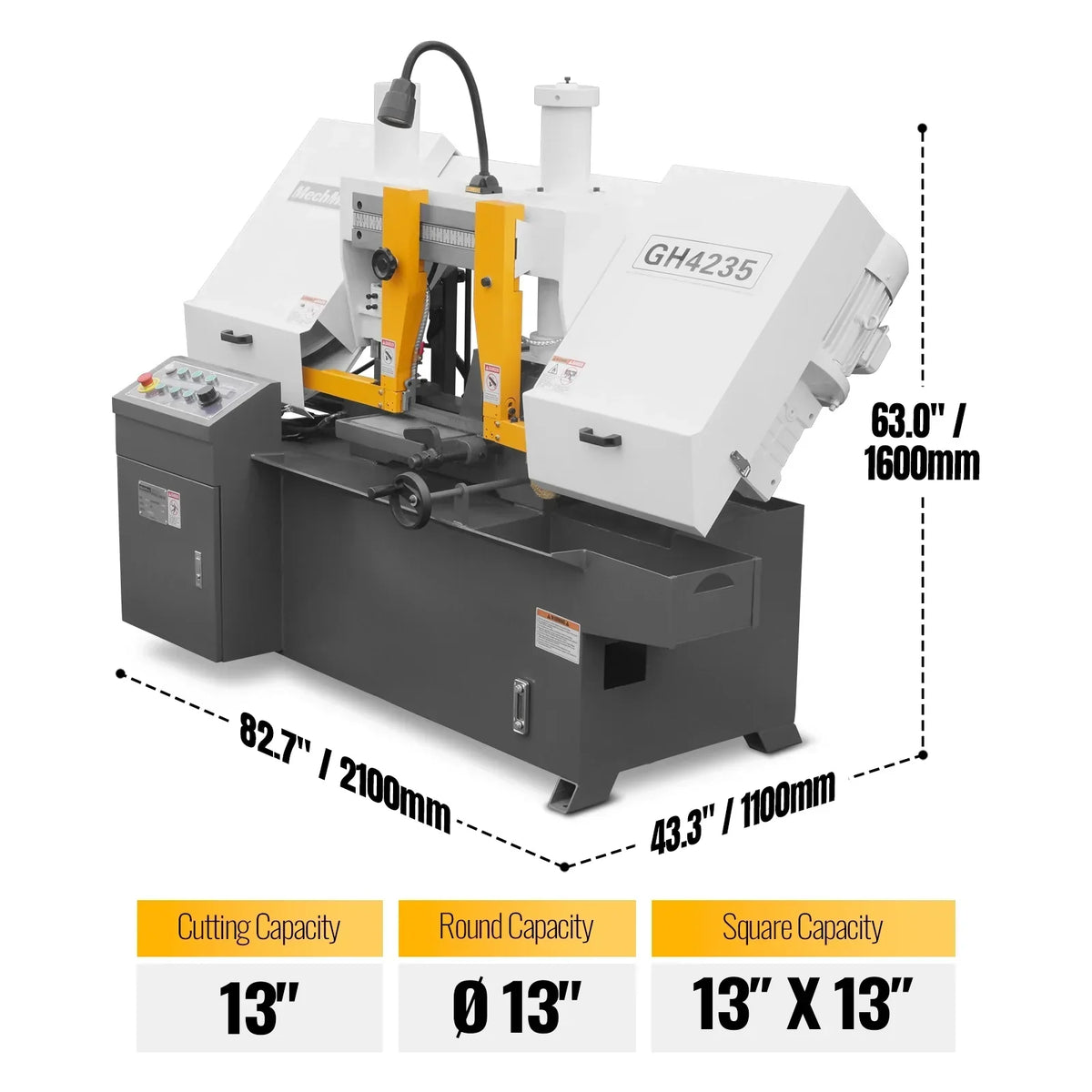 8 Inch 7-7/8" x 7-7/8" Capacity Double Column Horizontal Metal Cutting Band Saw, Vertical Lifting, Gearbox Driven Two-Speed Motor, Hydraulic Feed, Manual Clamping, Coolant System Industrial Bandsaw GH4220