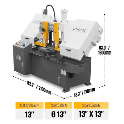 8 Inch 7-7/8" x 7-7/8" Capacity Double Column Horizontal Metal Cutting Band Saw, Vertical Lifting, Gearbox Driven Two-Speed Motor, Hydraulic Feed, Manual Clamping, Coolant System Industrial Bandsaw GH4220