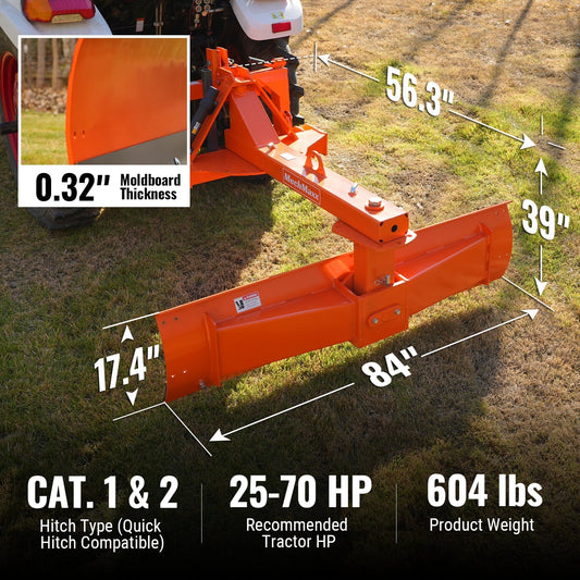 84" Heavy Duty 6-Way Rear Blade 3 Point Hitch Tractor Attachment,  RB84SE
