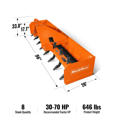 96" Box Blade Scraper with 8 Shanks 3 Point Hitch Tractor Attachment,  BB96