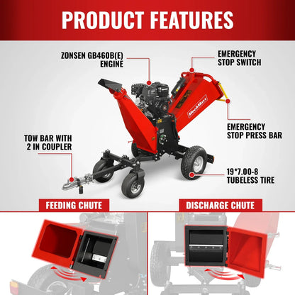 6 inch ZONSEN E-Start 420cc 15hp Gas Powered 4 - Wheel Drum Wood Chipper with Taillight ,  B150