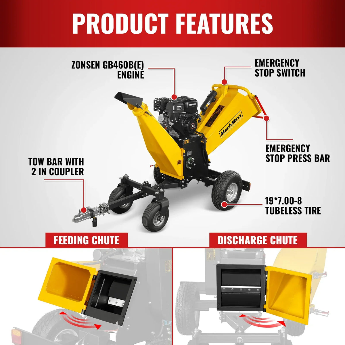 6 inch E-start Zonsen 420cc 15hp Gas Powered 4 - Wheel Drum Wood Chipper with Taillight ,  B150