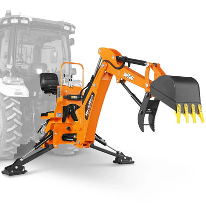 8' Tractor Backhoe Attachment with Mechanical Thumb,  15" Bucket,  ISO/SAE Switchable Controls,  Self-Contained Hydraulic System,  3 Point Hitch Cat.1 & 2,  20-100 HP,  BH760M