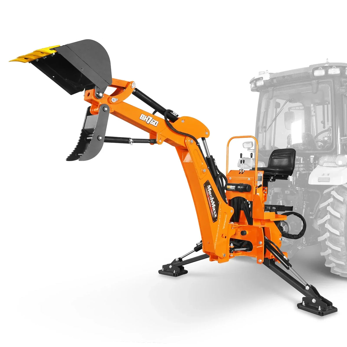 8' Tractor Backhoe Attachment with Mechanical Thumb,  15" Bucket,  ISO/SAE Switchable Controls,  Self-Contained Hydraulic System,  3 Point Hitch Cat.1 & 2,  20-100 HP,  BH760M