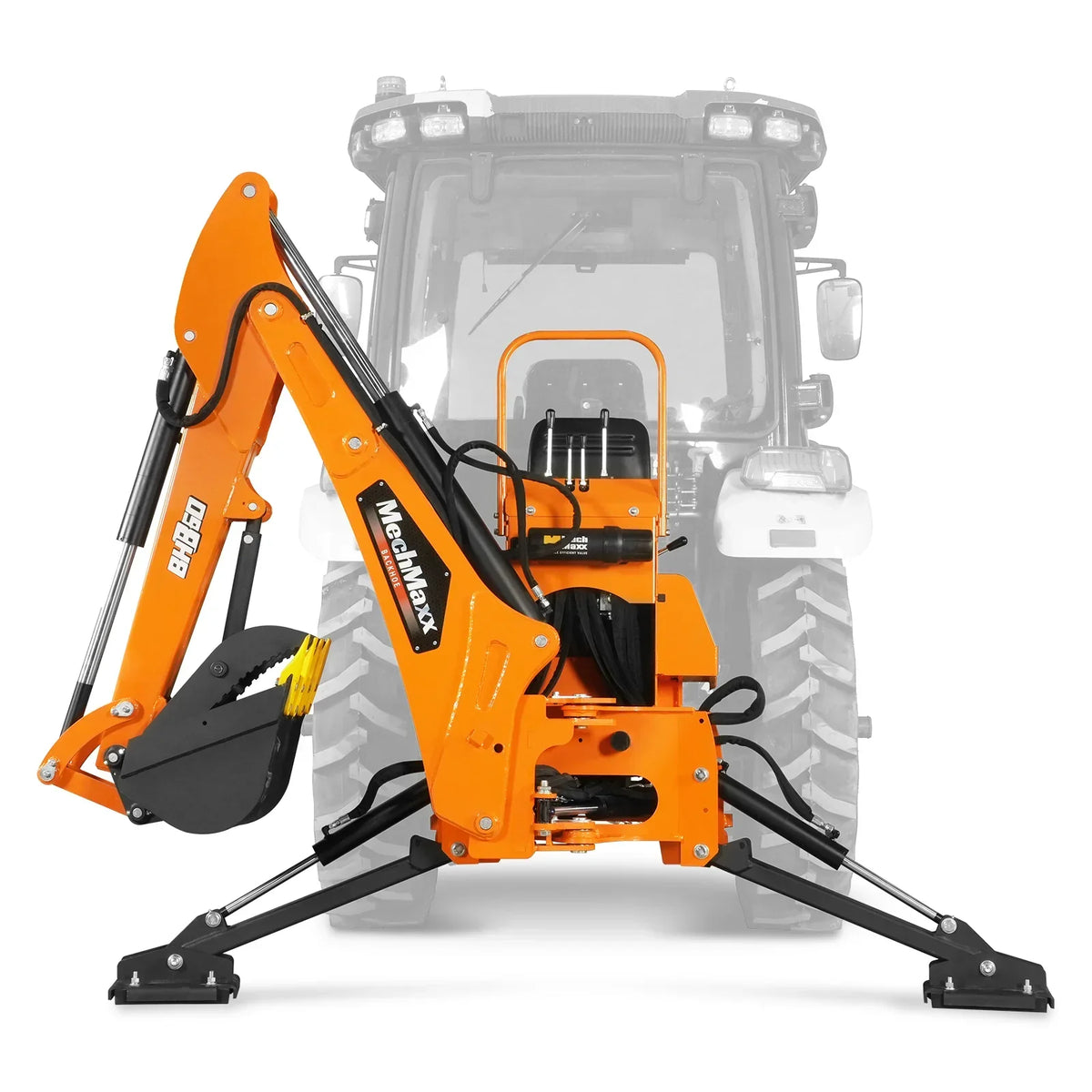 9' Tractor Backhoe Attachment with Mechanical Thumb,  15" Bucket,  ISO/SAE Switchable Controls,  Self-Contained Hydraulic System,  3 Point Hitch Cat.1 & 2,  25-100 HP,  BH860M